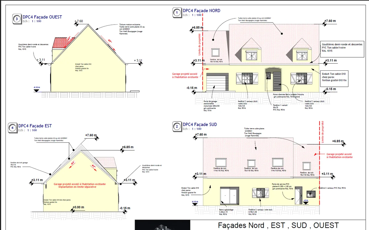 Déclaration préalable Garage — façades du projet accolé à l'habitation existante