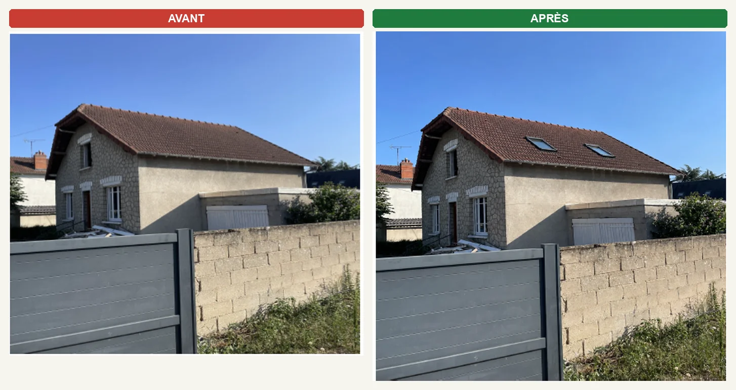Déclaration préalable Velux — avant/après installation de deux fenêtres de toit