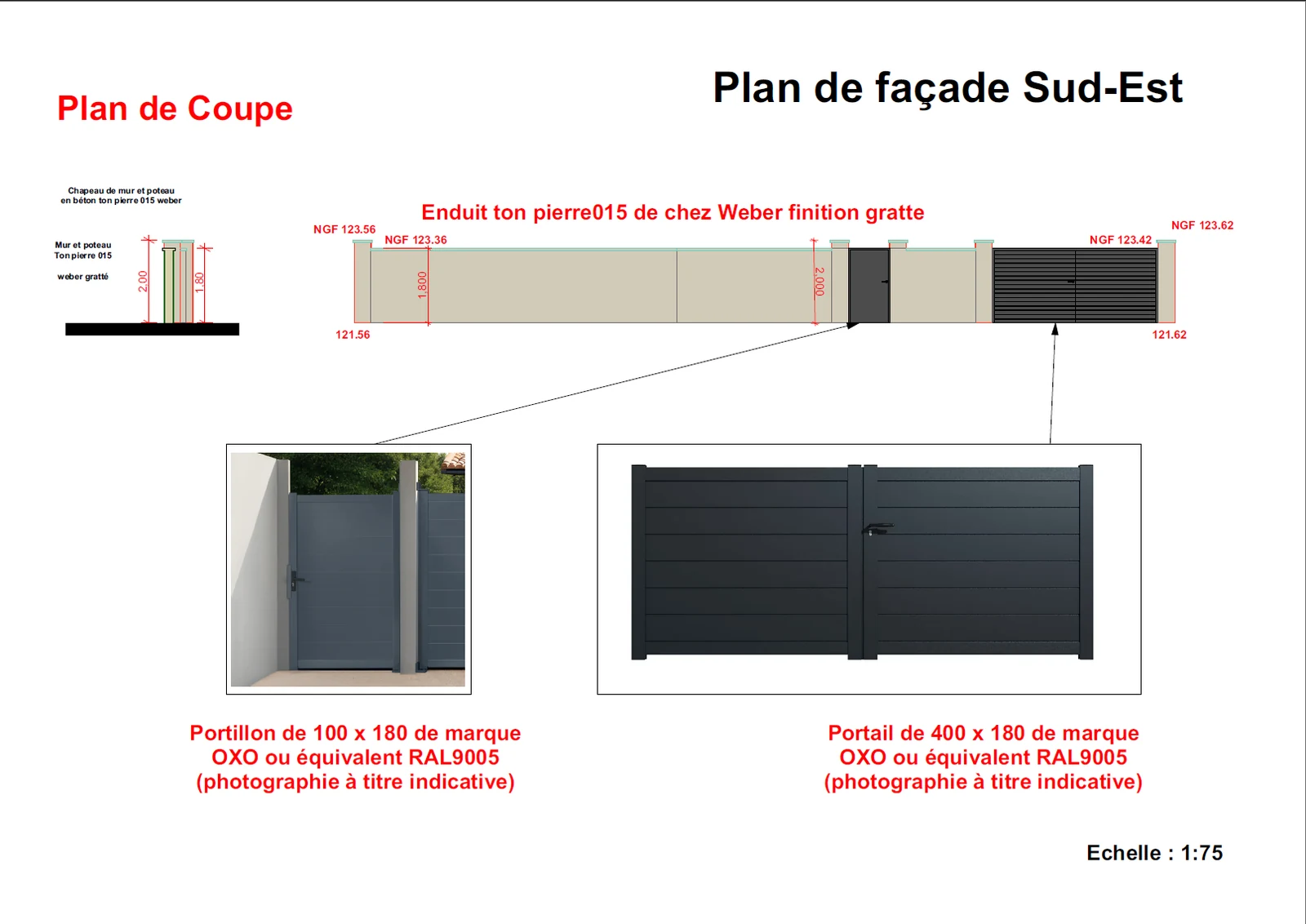 Plan de coupe et façade Sud-Est — Clôture