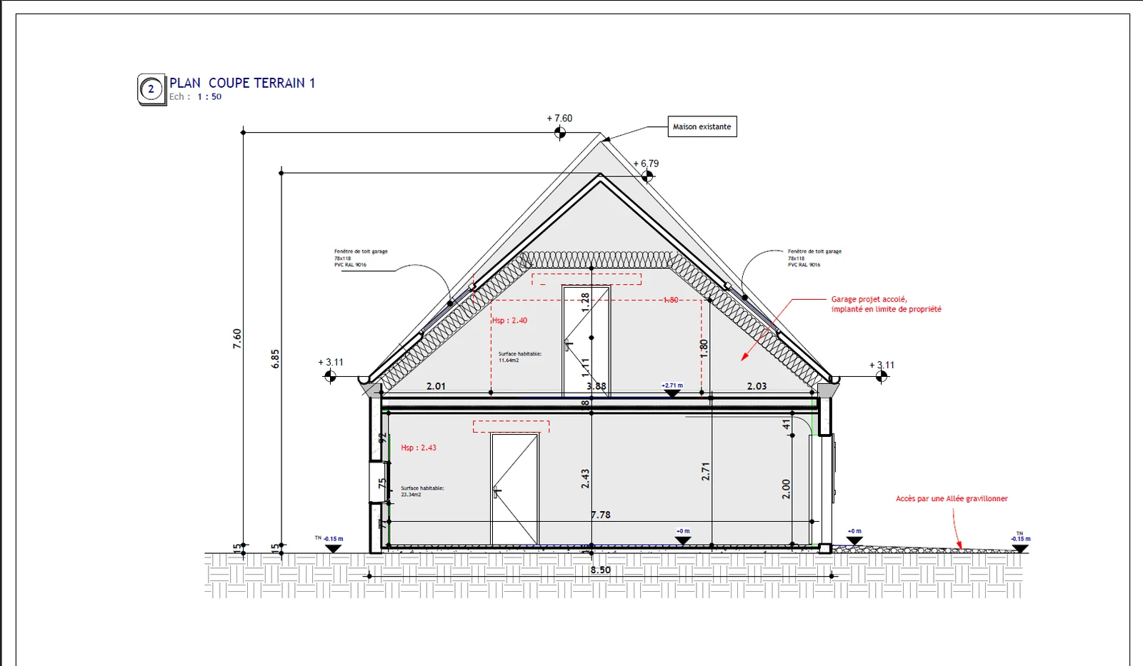 Plan coupe terrain maison — Garage