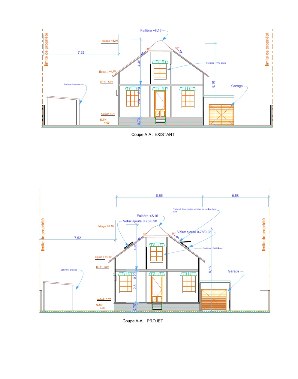 Coupe A-A existant et projet — Velux