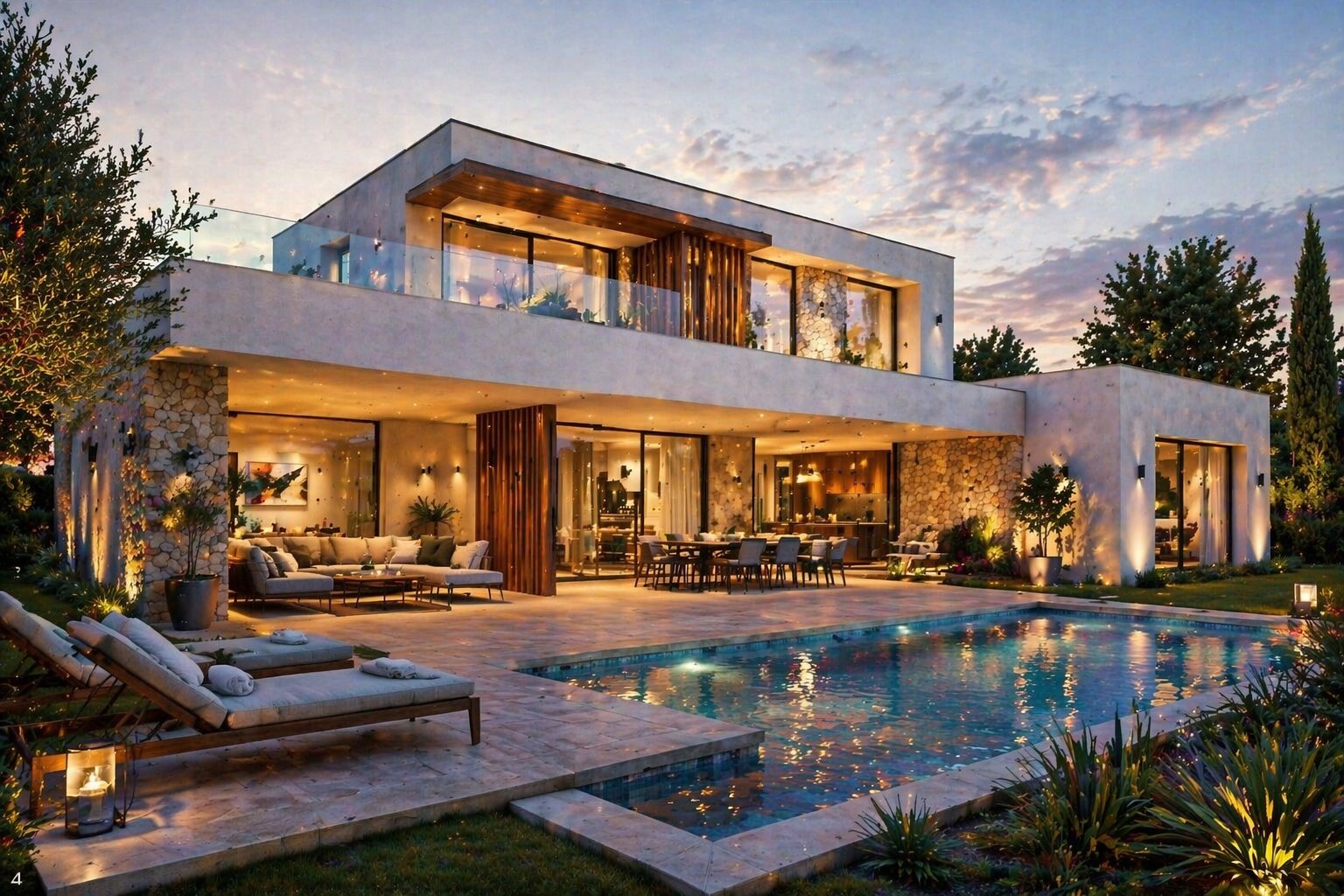 Visualisation 3D d'une villa contemporaine au crépuscule